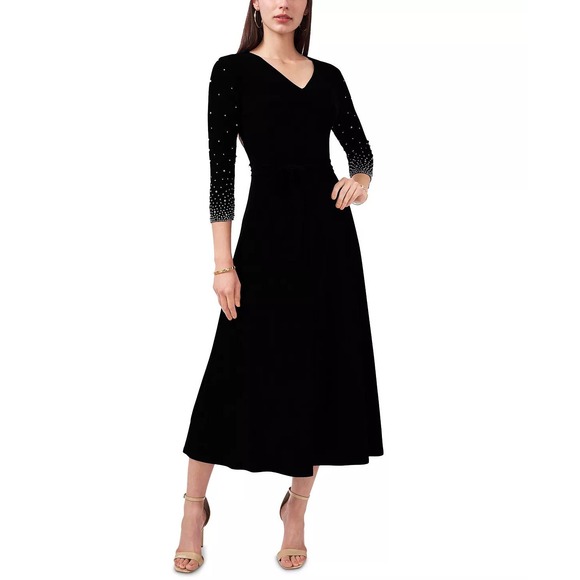 MSK V-Neck Beaded Arms Midi Dress | BLACK | M - Picture 1 of 2